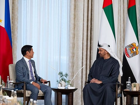 President His Highness Sheikh Mohamed bin Zayed Al Nahyan with Ferdinand Marcos Jr, President of the Republic of the Philippines, at Qasr Al Shati in Abu Dhabi on Tuesday