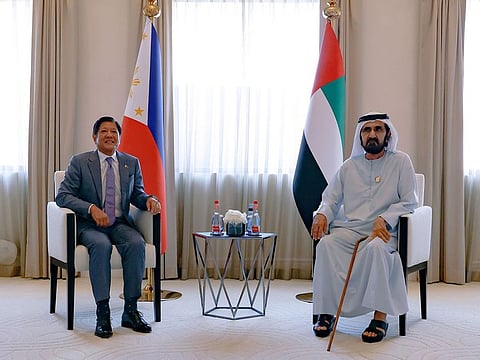 His Highness Sheikh Mohammed bin Rashid Al Maktoum, Vice President and Prime Minister of the UAE and Ruler of Dubai, with Ferdinand Marcos Jr., President of the Philippines, in Dubai on Tuesday