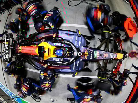 Max Verstappen of the Netherlands driving the Oracle Red Bull Racing RB20 makes a pitstop during the F1 Grand Prix of Las Vegas at Las Vegas Strip Circuit on November 23.