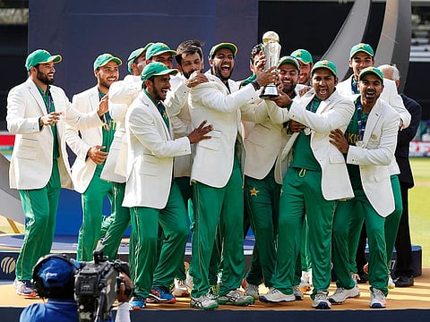Pakistan players celebrate after winning the ICC Champions Trophy final cricket against India at The Oval in London on June 18, 2017.