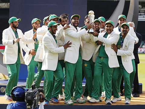 Pakistan players celebrate after winning the ICC Champions Trophy final against India at The Oval in 2017. The next event since has run into trouble after India refused to travel to Pakistan.