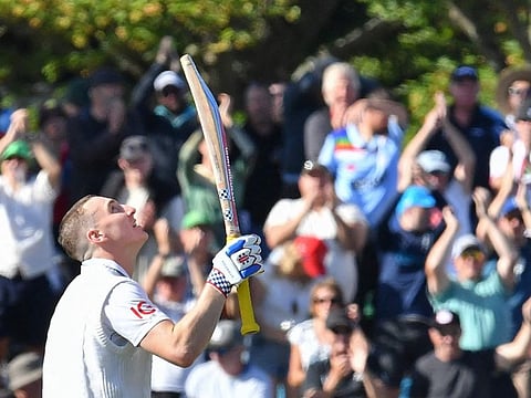 England's Harry Brook celebrates his century during the second day of the first Test against New Zealand at Hagley Oval in Christchurch on Friday.