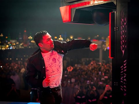 Legendary boxer Manny Pacquiao throws his landmark punch to entertain crowd at Global Village in Dubai on Friday