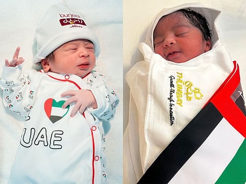 Baby Yousef, left, and baby Shanzeh were among several bundles of joy that arrived on Eid Al Etihad today.