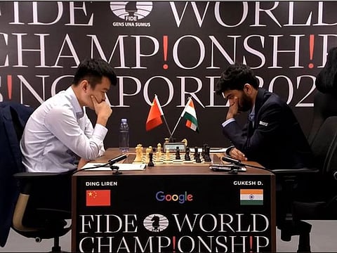 Indian challenger Gukesh Dommaraju drew with world champion Ding Liren in 51 moves in round eight of the World Chess Championship in Singapore.