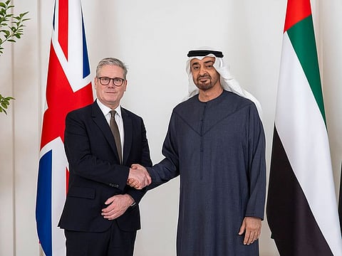 President His Highness Sheikh Mohamed bin Zayed Al Nahyan with Rt Hon Sir Keir Starmer, Prime Minister of the United Kingdom, at Qasr Al Shati in Abu Dhabi on Monday