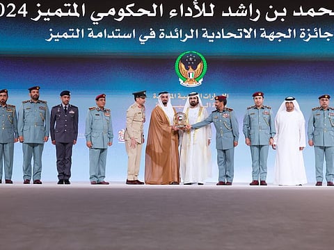 His Highness Sheikh Mohammed bin Rashid Al Maktoum, Vice President and Prime Minister of the UAE and Ruler of Dubai, and Lt. General Sheikh Saif bin Zayed Al Nahyan, Deputy Prime Minister, and Minister of the Interior, honouring winners of Prime Minister's Medals