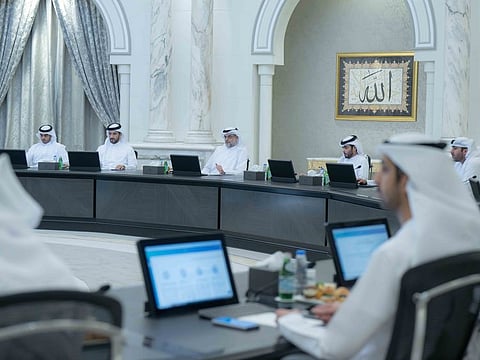 Sheikh Sultan bin Mohammed bin Sultan Al Qasimi, the Crown Prince and Deputy Ruler of Sharjah and Chairman of the Sharjah Executive Council; and Sheikh Sultan bin Ahmed Al Qasimi, Deputy Ruler of Sharjah and Deputy Chairman of the Sharjah Executive Council, during the Executive Council meeting on Tuesday at the Ruler’s Court