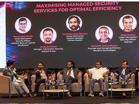 Hariprasad Chede, Chief Information Security Officer, National Bank of Fujairah, Mukesh Kumar, Manager, Information Security, Apparel Group, Santhosh John Thomas, Group Information Systems Manager, African+Eastern, Jishanth  Karunakaran, Founder and Managing Director, Mindfire Technologies, and Kiran Kumar, Chief Information Security Officer, Alpheya, at Gulf News' Cybersecurity Forum