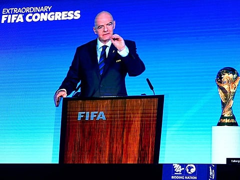 A speech by Fifa President Gianni Infantino is broadcasted on a screen during a ceremony in Riyadh on Wednesday.