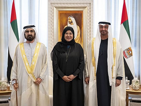 President His Highness Sheikh Mohamed bin Zayed Al Nahyan and His Highness Sheikh Mohammed bin Rashid Al Maktoum, Vice President and Prime Minister of the UAE and Ruler of Dubai, with Sana bint Mohammed Suhail, Minister of Family, at Qasr Al Watan in Abu Dhabi on Wednesday
