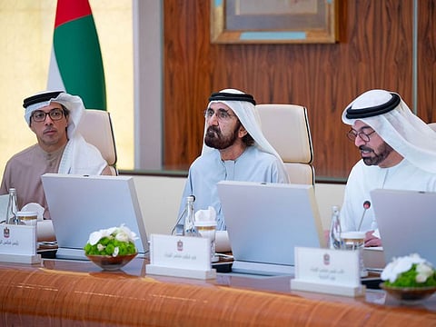 His Highness Sheikh Mohammed bin Rashid Al Maktoum, Vice President and Prime Minister of the UAE and Ruler of Dubai; Sheikh Mansour bin Zayed Al Nahyan, Vice President, Deputy Prime Minister and Chairman of the Presidential Court; and Mohammad bin Abdullah Al Gergawi, Minister of Cabinet Affairs during the Cabinet meeting at Qasr Al Watan in Abu Dhabi on Wednesday