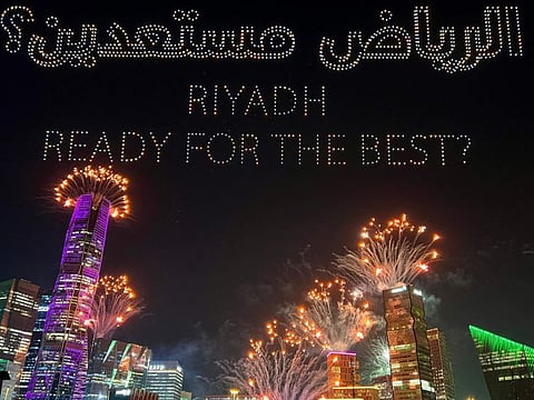 A drone-created light show and fireworks illuminate the sky over Riyadh on Wednesday, celebrating Saudi Arabias confirmation as the host of the 2034 Fifa World Cup.