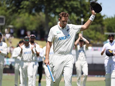 New Zealands Tim Southee gestures to the crowd as he leaves the field in his final Test after victory during day four of the third Test against England at Seddon Park in Hamilton on Tuesday.