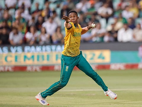 South Africa's Kwena Maphaka in action during the first T20 international cricket match against Pakistan at the Kingsmead stadium in Durban on December 10.