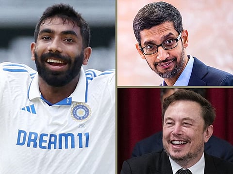 Clockwise from left: Jasprit Bumrah, Sundar Pichai and Elon Musk.