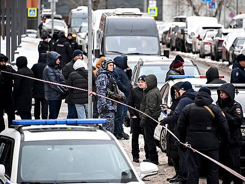 A view of the blast scene, which killed the commander of Russian armed forces' chemical, biological and radiation defence troops, Igor Kirillov, and his deputy, according to the Russian Investigative Committee, outside a residential building on Ryazansky Avenue in Moscow on December 17, 2024.