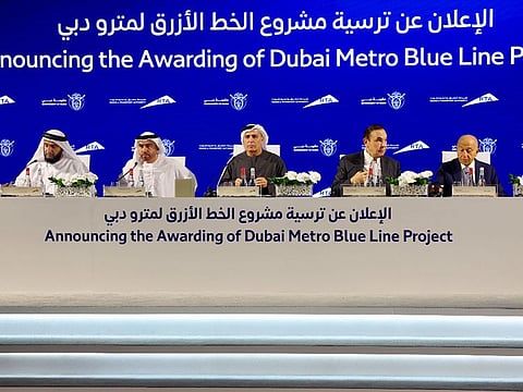 Mattar Al Tayer, Director-General, Chairman of the Board of Executive Directors of the RTA, and other officials at the press conference in Dubai on Thursday to announce the start of Dubai Metro Blue Line.