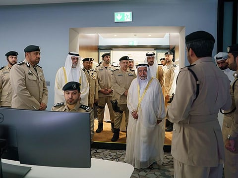 His Highness Dr Sheikh Sultan bin Mohammed Al Qasimi, Supreme Council Member and Ruler of Sharjah, tours the new facility, in the presence of Sheikh Sultan bin Mohammed bin Sultan Al Qasimi, Crown Prince and Deputy Ruler of Sharjah; Sheikh Sultan bin Ahmed bin Sultan Al Qasimi, Deputy Ruler of Sharjah; and Major General Abdullah Mubarak bin Amir, Commander-in-Chief of Sharjah Police