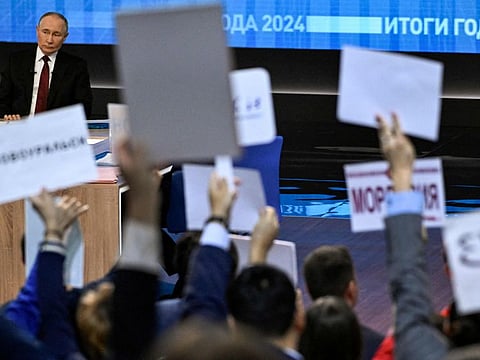 Russian President Vladimir Putin holds his annual end-of-year press conference in Moscow on December 19, 2024.