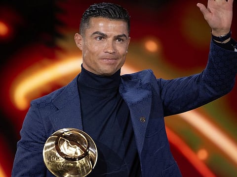 Cristiano Ronaldo receives the prestigious Maradona Award for Best Goalscorer at the 2023 Globe Soccer Dubai Awards.