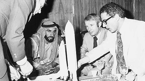 Shaikh Zayed Bin Sultan Al Nahyan, founding father of the UAE, listens as Nasa scientist Farouk El Baz explains the mechanism of space shuttle using a scale model during the latter’s visit to the UAE in 1976