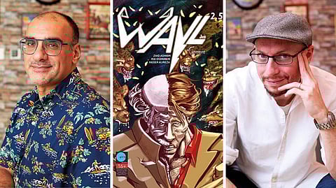 Illustrator Yasser Alireza (left) was adamant that Wayl be brown, so Arabs of every ethnicity could relate to a super-being. Zaid Aladham started work on Wayl right after the Middle East Film and Comic Con was announced in 2012