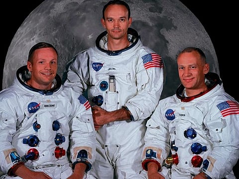 Portrait of the crew of the Apollo 11 lunar landing mission: from left, Commander, Neil A. Armstrong, Command Module Pilot, Michael Collins, and Lunar Module Pilot, Edwin E. Aldrin Jr. On July 20, 1969 the Lunar Module 'Eagle' landed in a region of the Moon called the Mare Tranquillitatis, also known as the Sea of Tranquillity