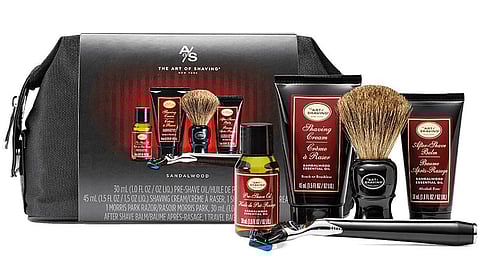 The Art of Shaving Morris Park Kit – Sandalwood. This one’s guarantees jet-setters a smooth shave on the move. A stylish black wash bag packs five products in TSA approved sizes – Sandalwood Pre-Shave Oil to soften stubborn stubble, Sandalwood Shaving Cream, Sandalwood After Shave Balm to soothe any nicks and razor burn, a Genuine Shaving Brush, and a Jet Black Morris Park 5 Blade Razor for a close shave to avoid razor burn and ingrown hairs. Dh557