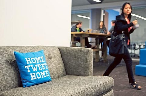 A pillow on a couch at Twitter HQ in San Francisco. Twitter Inc, racing toward the largest Silicon Valley IPO since Facebook’s 2012
coming-out party, hopes to woo investors with revenue growth despite having posted big losses over the past three years.