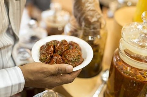 Stuffed red chillies, a fierce variety of pickle, at Bombay Big Bazaar in Bur Dubai.