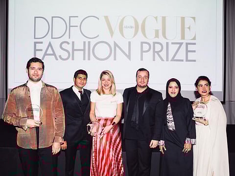 Winners (from left) Faissal Al Malak, Joanna Laura Constantine and Nadine Ghosn, with Vogue Arabia publisher Shashi Menon and editor Manuel Arnaut, and DDFC CEO Jazia Al Dhanhani