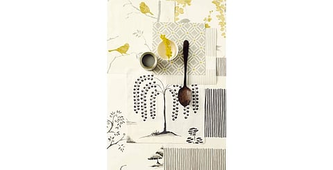 Clockwise from above: Dawn Chorus wallpaper in Linden/Slate, Dh240 per roll; Fretwork fabric in Silver/Linden, Dh192 per metre; Wisteria Blossom wallpaper in Linden/Charcoal, Dh240 per roll; Tatami Stripe wallpaper in Silver/Linen, Dh240 per roll; Tatami Stripe fabric in Charcoal/Linen, Dh192 per metre; Willow Tree fabric in Charcoal/Ivory, Dh204 per metre; Willow Tree wallpaper in Charcoal/Ivory, Dh204 per roll, all Sanderson.