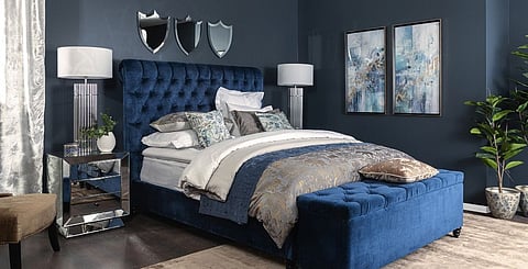 THE One pairs their REM blue bed (from Dh4,195) and stool (Dh2,295) with a blue painted wall for a dramatic tone-on-tone look.