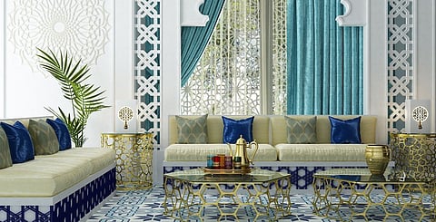 Sun, sand and sea tones applied here against a clean white palette with Islamic architectural motifs, decor from Sedar, available online through a newly launched e-commerce site