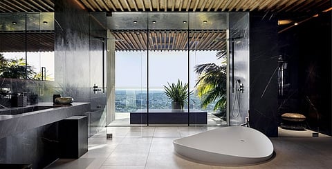 An inspiring bathroom setting delivers serenity over the Hillside view of this California home