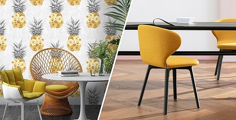 Ludic Yellow Pineapple Wallpaper from Woodchip and Magnolia, Dh327 per roll; Miniforms Mula dining chair from Go Modern Furniture , Dh2,739