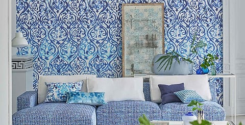 Majolica collection for Designers Guild by Maison d’Art, Arabesque wallpaper, Dh700 per roll; fabrics from Dh600 per metre.