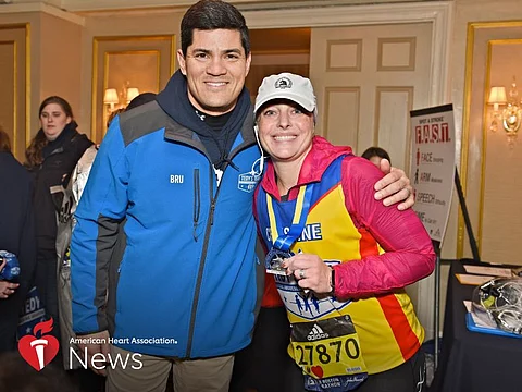 Tedy Bruschi at the 2018 Boston Marathon with Christine Pelletier