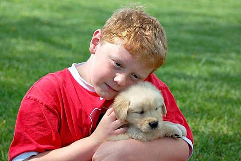 a boy with a puppy