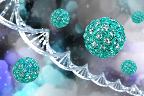 stem cells, undifferentiated (immature) cells on the background of a DNA helix