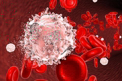 Destruction of leukaemia cell, conceptual image. 3D illustration which can be used to illustrate blood cancer treatment