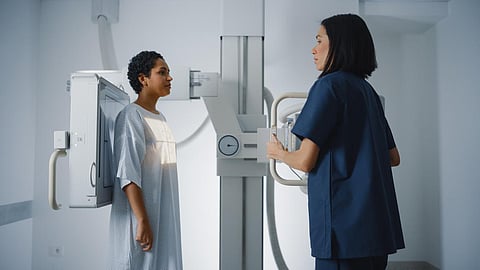 Hospital Radiology Room: Scanning Chest, Heart, Lungs. Mammogram Cancer Screening