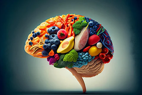 Alimento saludable para el cerebro para aumentar el concepto de nutrición de la capacidad intelectual como un grupo de nueces nutritivas, pescado, verduras. IA generativa