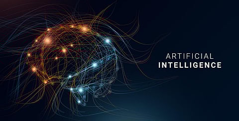 Ilustración conceptual para el concepto de inteligencia artificial. Cerebro humano digital formado con coloridas líneas de conexión neuronal sobre fondo oscuro, diseño futurista creativo, panorama