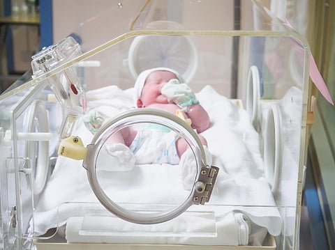 Niña recién nacida dentro de la incubadora en la sala de parto del hospital