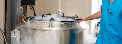 Embryologists with liquid Nitrogen bank containing sperm and eggs samples. High tech laboratory equipment used in the in vitro fertilization process. IVF treatment. Artificial insemination clinic