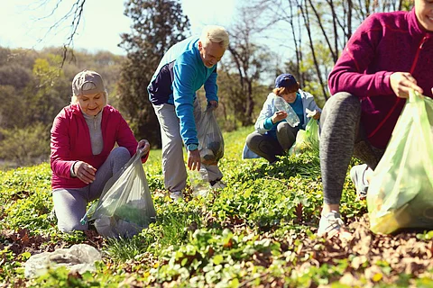 Our leisure. Inspired aged woman gathering litter while other volunteers helping her