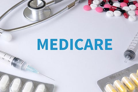 MEDICARE Text, On Background of Medicaments Composition, Stethoscope, mix therapy drugs doctor flu antibiotic pharmacy medicine medical