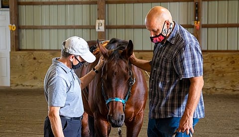 U.S. Army Lt. Colonel Eric "Moose" Petrevich works with horse, coached by Equine specialist Jane Burrows (left) of Special Strides
